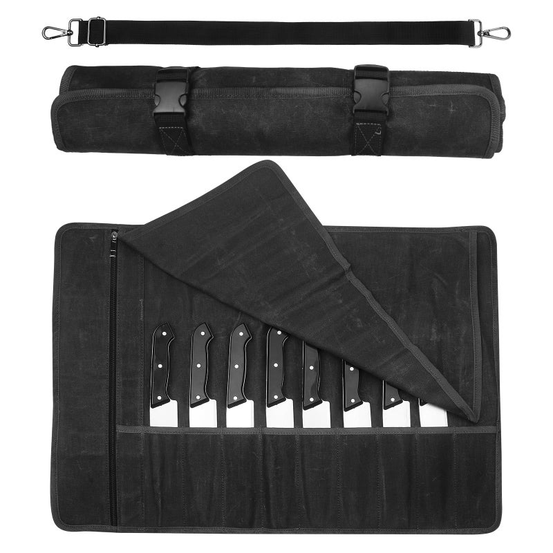 QEES Chef Knife Roll Bag,Waxed Canvas Knife Travel Case,Heavy Duty Professional Knife Carrier Storage Holder with 10 Slots,Portable Kitchen Culinary Tool Organizer for Men,Fits up to 18.8â€Knives.Black - Image 1